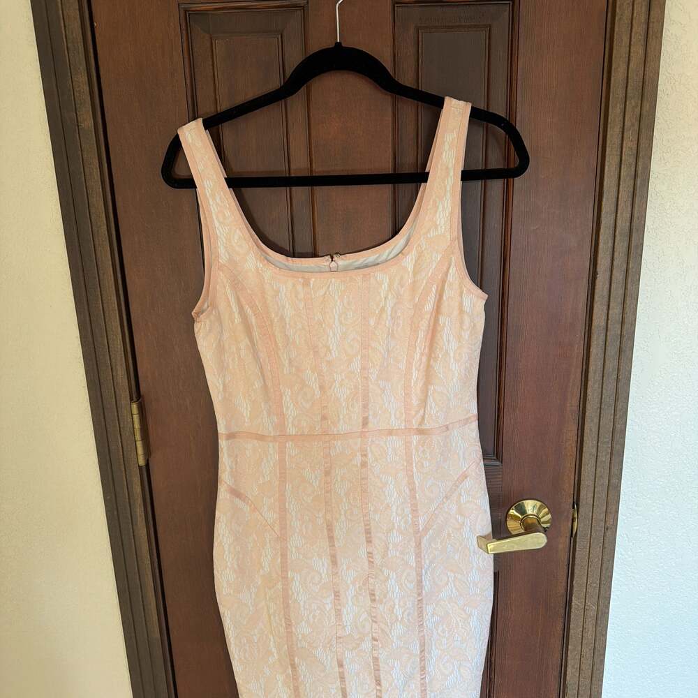 Y2K Cache Sheath Dress Sleeveless Lace Satin Scoop Neck Pastel Pink White Satin